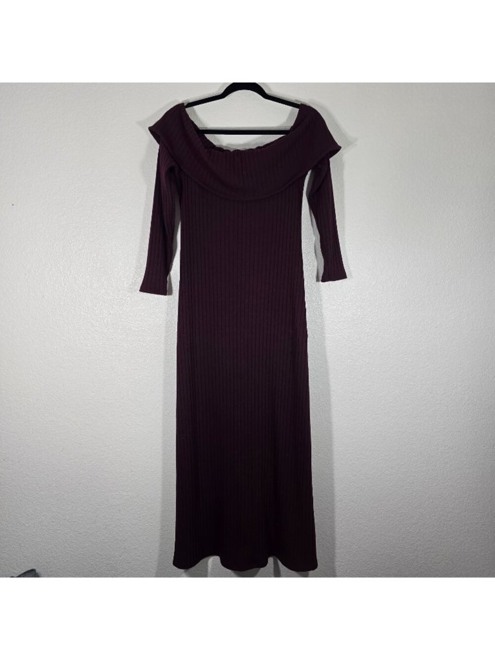 Old Navy Maxi Dress Women Large Burgundy Off Shoulder Rib Knit Fitted Stretch